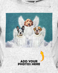 Personalized light gray hoody with a custom renaissance portrait of three dogs as angels on a cloud.