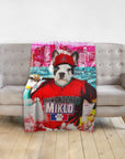 Personalized pet blanket with a French Bulldog in a red baseball uniform, "Diamondbarks Miklo" text, and city skyline.