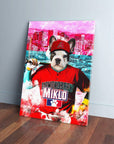 Personalized pet canvas featuring a French Bulldog in a red baseball uniform, holding a bat, with a city skyline background.