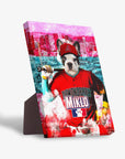 Personalized pet standing canvas featuring a French bulldog in a red baseball uniform against a city skyline.