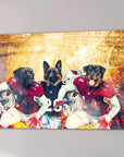 Custom canvas of three dogs as football players in red and black uniforms with helmets.