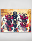 Personalized 'Arizona Doggos' 6-pet poster featuring dogs in Cardinals football jerseys against a fiery stadium backdrop.