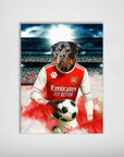 Personalized Arsenal Doggos Football poster featuring a Rottweiler in a red and white jersey holding a soccer ball.