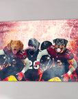 Personalized 3-pet canvas featuring a Nova Scotia Duck Tolling Retriever, Cane Corso, and Rottweiler in Atlanta Falcons football uniforms against a fiery stadium backdrop.