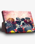 Personalized 3-pet standing canvas featuring dogs in Atlanta Falcons football jerseys with a stadium background.