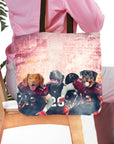 Personalized 3 pet tote bag featuring dogs in Atlanta Falcons football uniforms.