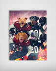Personalized poster featuring four dogs in Atlanta Falcons football jerseys and helmets.