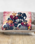 Personalized custom blanket with five dogs in Atlanta Falcons football uniforms.