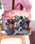 Personalized 6-pet tote bag featuring dogs in football uniforms against a stadium backdrop.