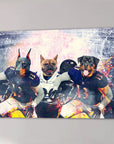 Personalized 3-pet canvas featuring a Doberman, French Bulldog, and Rottweiler in Baltimore football uniforms.