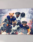 Personalized 5-pet canvas featuring dogs in Baltimore Ravens football uniforms.
