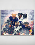 Personalized poster featuring five dogs in Baltimore Ravens football uniforms on a stadium background.