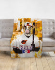 Custom pet portrait blanket featuring a dog in a Baltimore Orioles baseball uniform with "Penny" on the jersey.