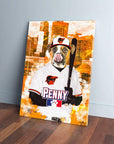 Personalized pet canvas featuring a dog in a white 'Baltimore Dogorioles' baseball uniform, cap, and holding a bat, against an orange cityscape.
