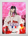 Personalized 'Boston Red Paws' pet poster featuring a Weimaraner in a baseball uniform with "TREVOR" and a team logo.