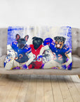 Personalized blanket with three dogs in custom Buffalo Doggos football portraits.