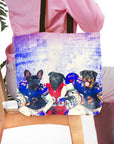 Personalized 3-pet tote bag featuring dogs in Buffalo Bills football uniforms.