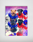 Personalized 4-pet poster featuring dogs in blue and red football jerseys with helmets.