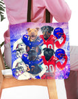 Personalized 4-pet tote bag featuring dogs in Buffalo Bills football uniforms.