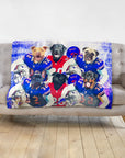 Personalized 6-pet blanket with dogs in Buffalo Bills football uniforms.
