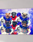 Personalized 6-pet canvas featuring dogs in blue and red football uniforms against a stadium backdrop.