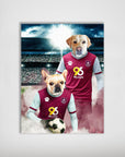 Personalized matte poster featuring two pets in Burnley Doggos football jerseys on a stadium background.