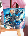 Personalized Carolina Doggos 4-pet tote bag with custom dog portraits in football jerseys.