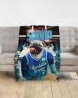 Custom personalized pet blanket with a pug in a Charlotte Doggos basketball jersey.