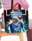 Personalized black tote bag with a pug pet portrait in a Charlotte Doggos basketball jersey.
