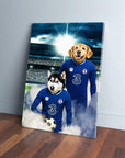 Personalized canvas with two pets as Chelsea football players in blue jerseys on a stadium field.