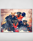 Personalized 5-pet poster featuring dogs in Chicago Bears football uniforms against a stadium backdrop.