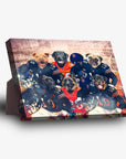 Personalized 'Chicago Doggos' standing canvas featuring six pets in football uniforms.