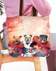 Personalized 3 pet tote bag with custom dog portraits in football uniforms.