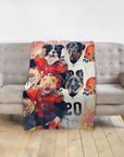Personalized custom blanket with four dogs in football uniforms, red and white jerseys.