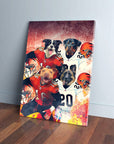 Custom 'Cincinnati Doggos' 4-pet canvas featuring dogs in football jerseys and helmets.
