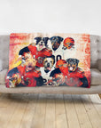 Personalized minky blanket with five dogs in football uniforms, Cincinnati Bengals style.
