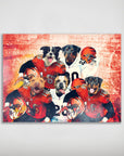 Personalized 5-pet poster featuring dogs in orange and white football uniforms against a stadium backdrop.