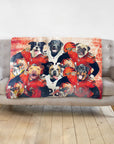 Personalized pet blanket with 6 dogs in football uniforms against a red distressed background.