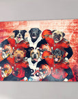 Personalized 6-pet canvas featuring dogs in red and white football uniforms on a stadium background.