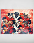 Personalized 6-pet poster featuring dogs in red and white football uniforms, set against a stadium background.