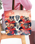Personalized 6-pet tote bag with dogs in football uniforms, red and white design.