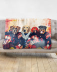 Personalized 3-pet blanket featuring dogs in football uniforms with a fiery background.