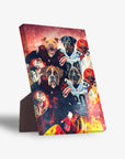 Personalized 'Cleveland Doggos' standing canvas featuring four pets in football jerseys against a fiery red background.