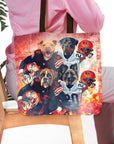 Personalized 4 pet tote bag with dogs in football uniforms and helmets on a fiery background.