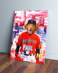 Personalized pet canvas featuring a dog in a red baseball uniform with "Guardpaws" and "PAUL" text, against a red and blue city skyline.