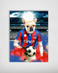Personalized matte poster of a French Bulldog in a red and blue Crystal Palace football kit holding a soccer ball.