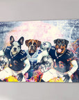 Personalized 3-pet canvas featuring a French Bulldog, Boxer, and Rottweiler in Dallas Doggos football uniforms.