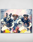 Personalized 3-pet poster featuring a French Bulldog, Boxer, and Rottweiler in Dallas Cowboys football uniforms.
