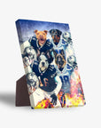 Personalized Dallas Doggos 4-pet standing canvas featuring dogs in football jerseys with helmets.