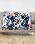 Personalized Dallas Doggos 6-pet blanket with dogs in football uniforms on a gray sofa.